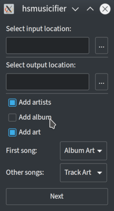 Input, output, artists, albums, art, first song art and other song art